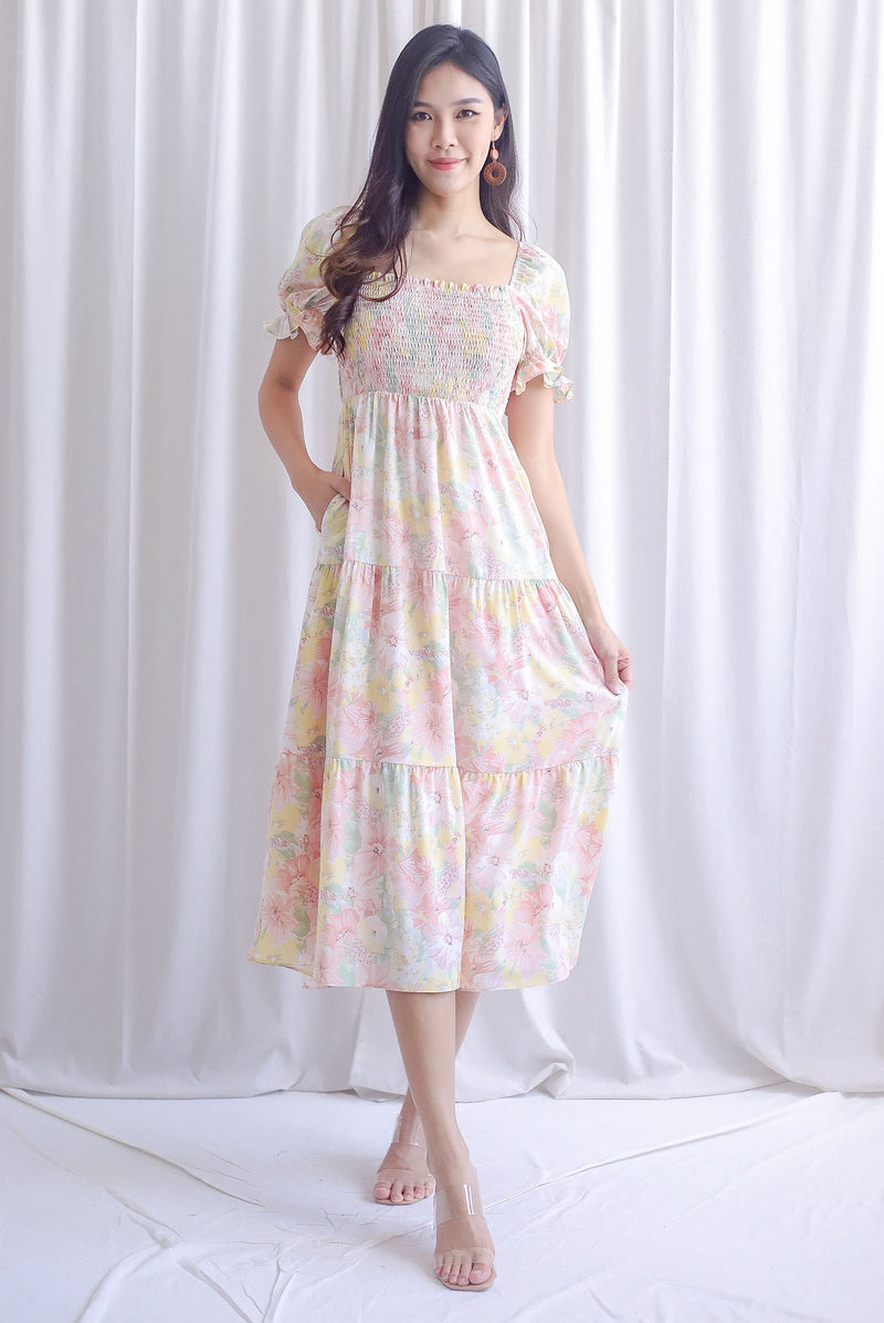 *Restocked* Adyson Floral Puffy Sleeve Smocked Maxi Dress In Sweet Pink