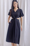 Bea Puffy Sleeve Knot Cut Out Midi Dress In Black