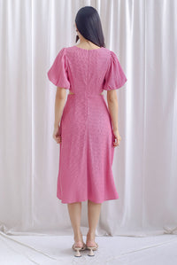 Bea Puffy Sleeve Knot Cut Out Midi Dress In Orchid Pink