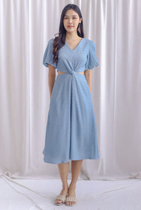 Bea Puffy Sleeve Knot Cut Out Midi Dress In Dusty Blue