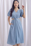 Bea Puffy Sleeve Knot Cut Out Midi Dress In Dusty Blue