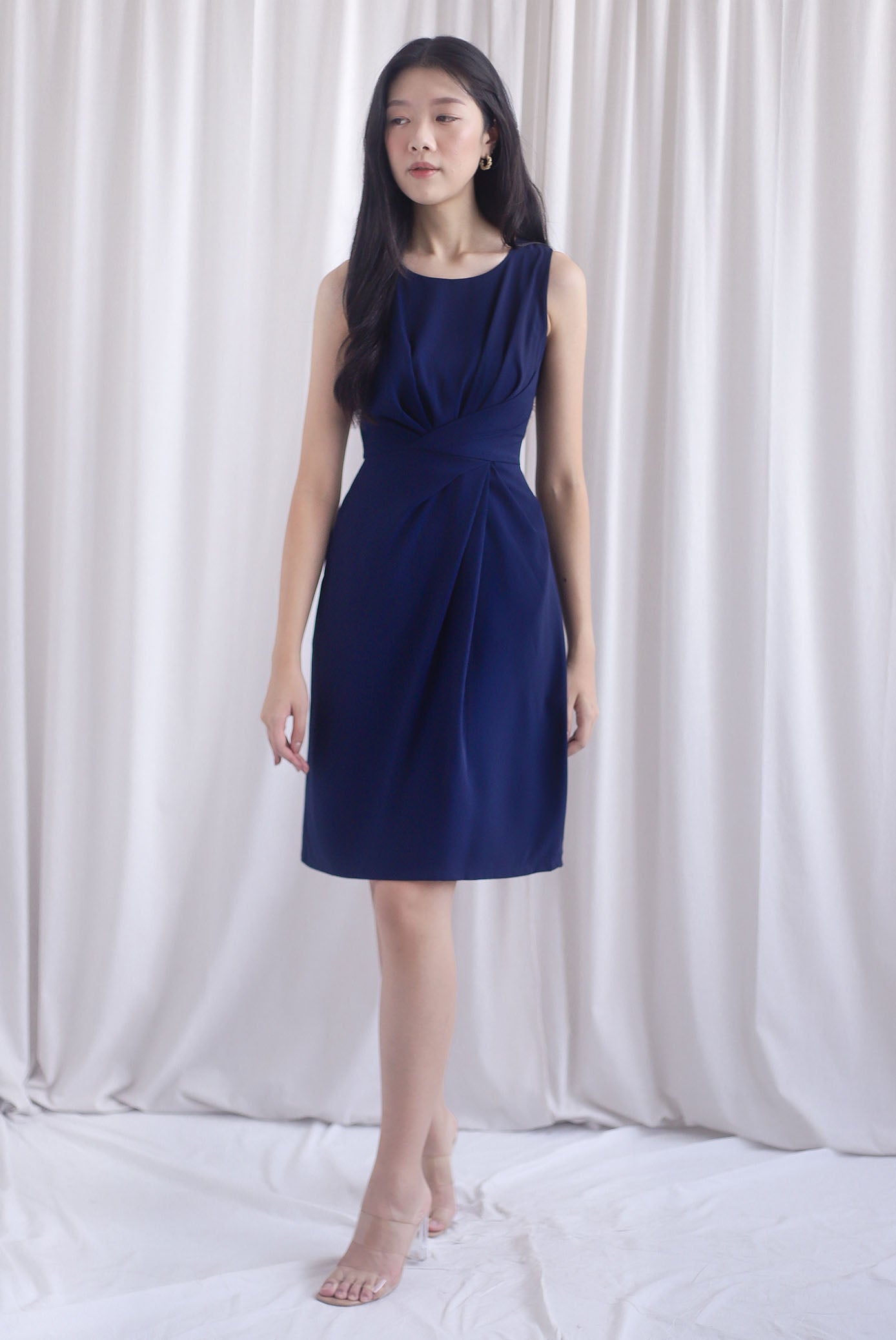 Bethany Pleated Waist Shealth Work Dress In Navy Blue