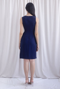Bethany Pleated Waist Shealth Work Dress In Navy Blue