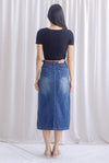 Breia Belted Front Slit Denim Skirt In Dark Wash