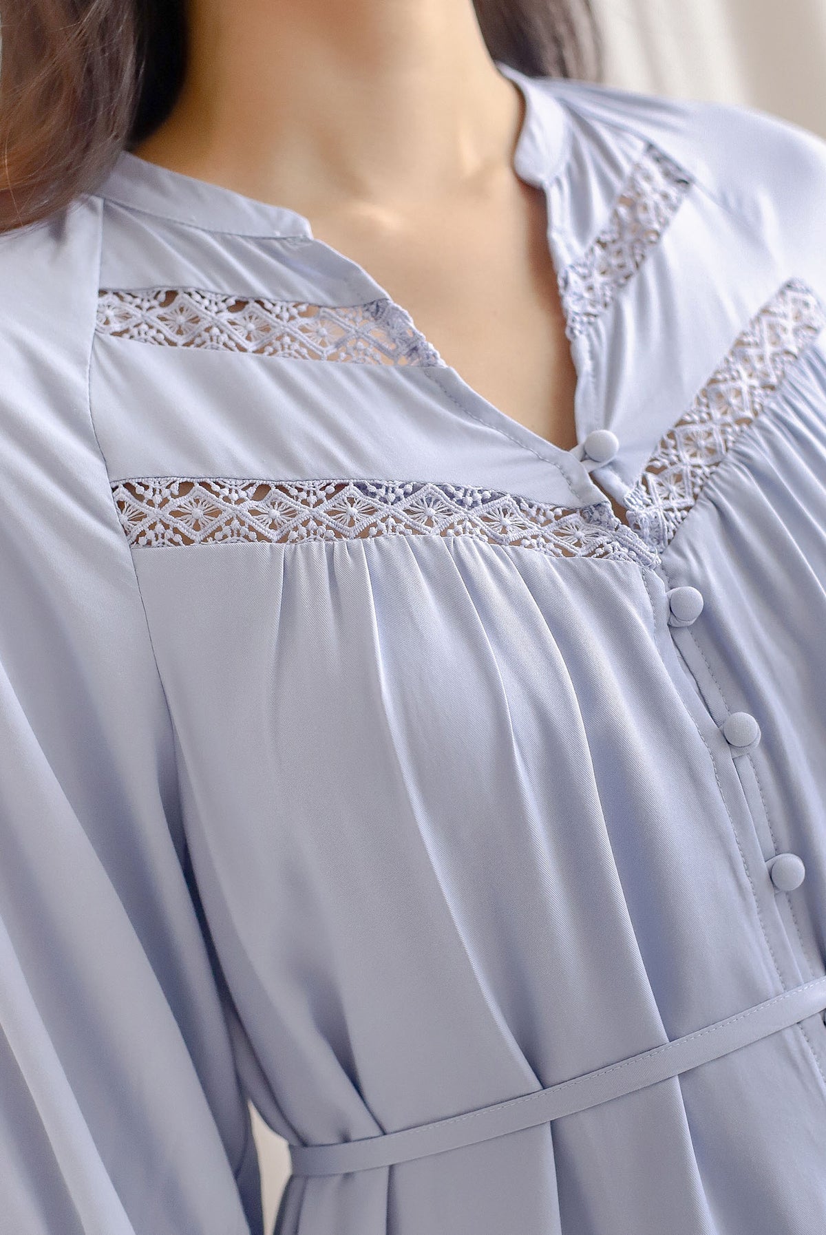 Briella Lattice Insert Buttons Down Dress In Light Blue