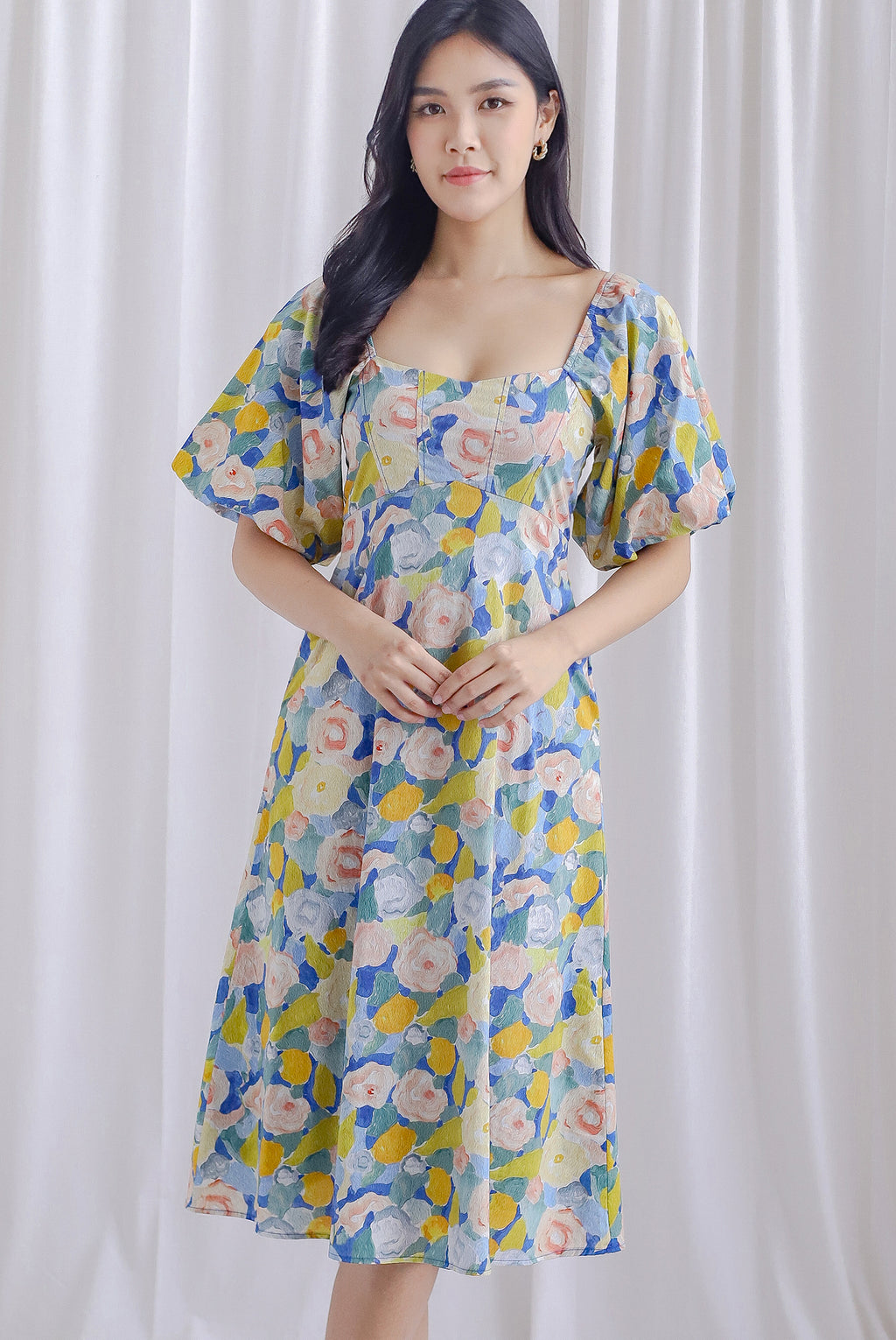 Yellow Floral Geometric Patchwork Screen Printed Cotton Dress – Puff Sleeve Boho Tiered Midi Dress