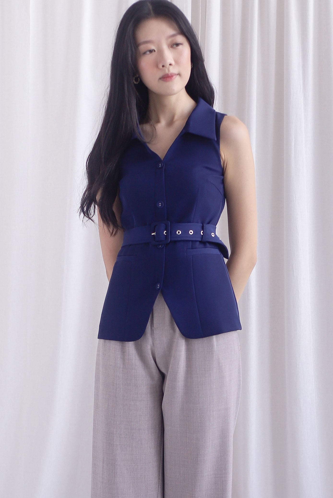 Margaux Collar Front Zip Top In Navy Blue