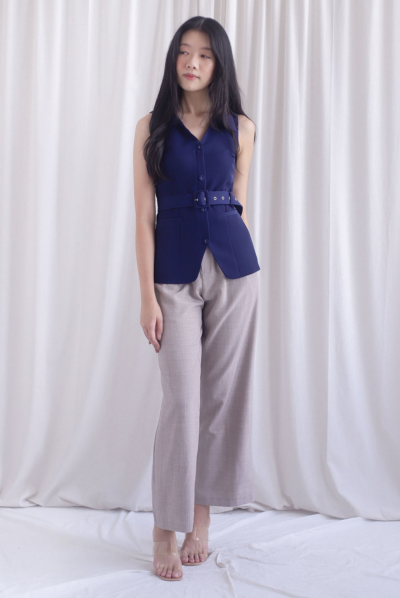 Margaux Collar Front Zip Top In Navy Blue