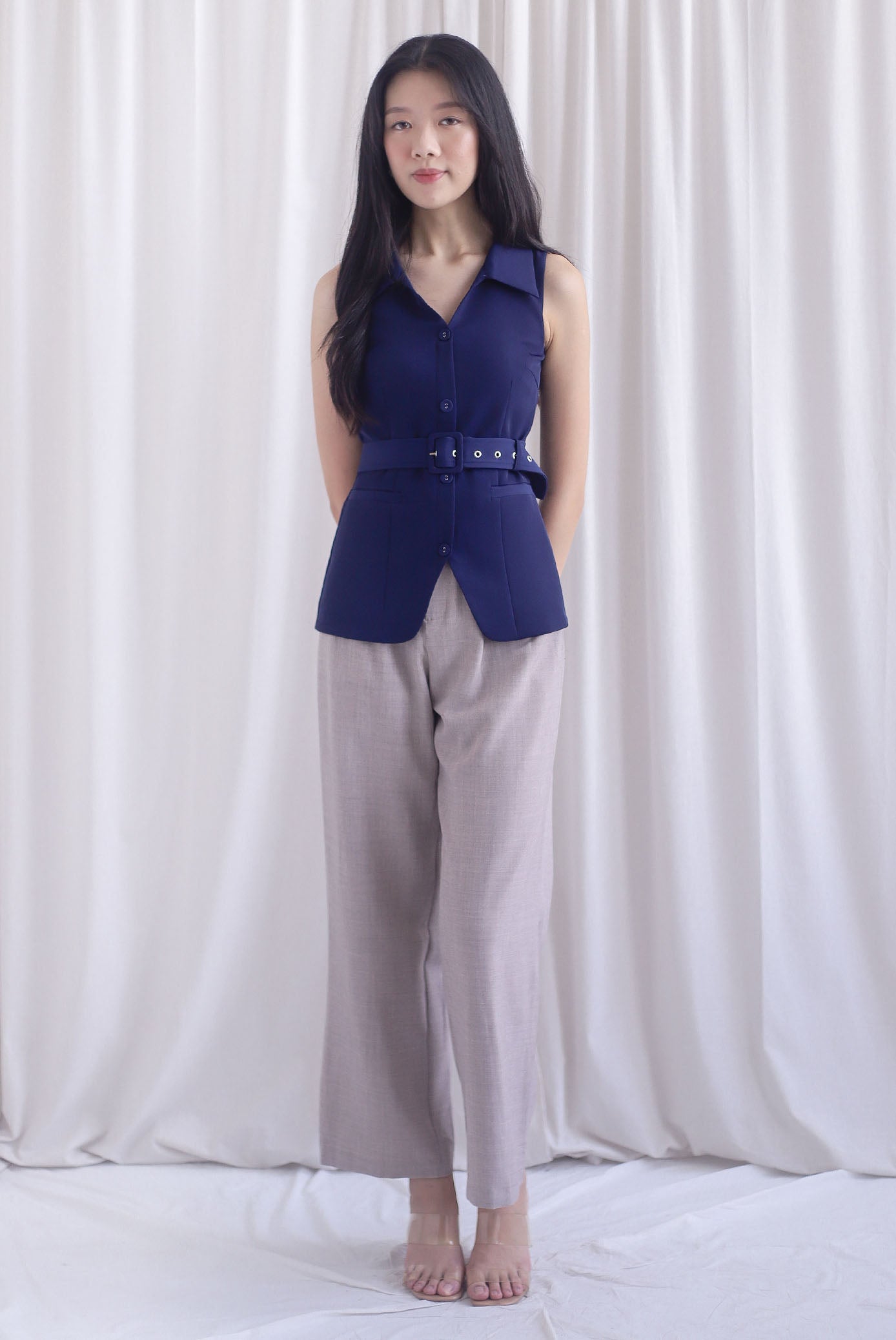 Margaux Collar Front Zip Top In Navy Blue