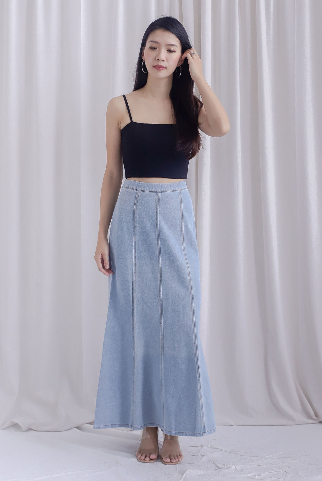 Mikaela Denim Panel Maxi Skirt In Light Wash – The Design Closets