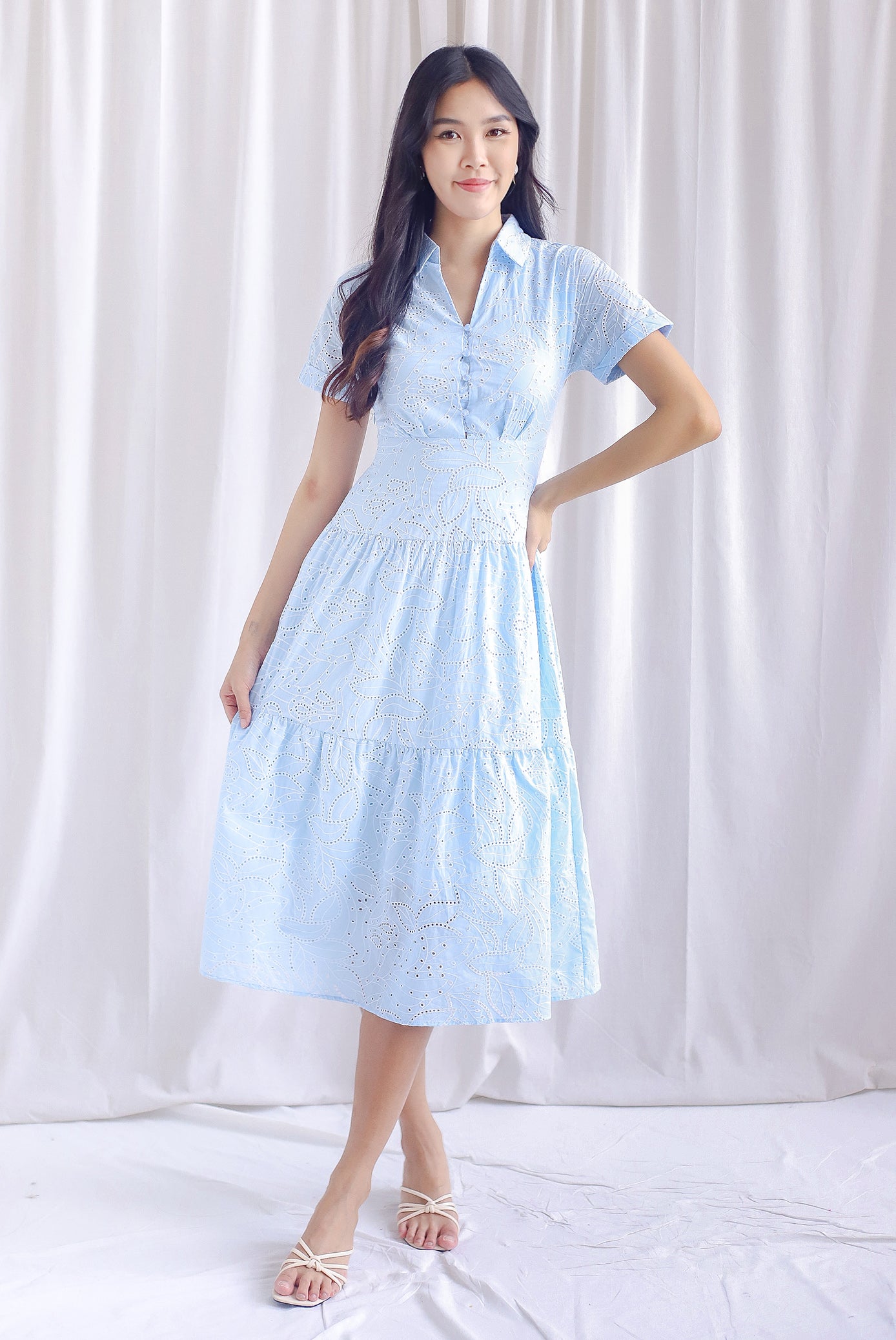 Penny Embro Eyelet Buttons Sleeved Dress In Blue