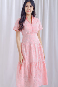 Penny Embro Eyelet Buttons Sleeved Dress In Pink