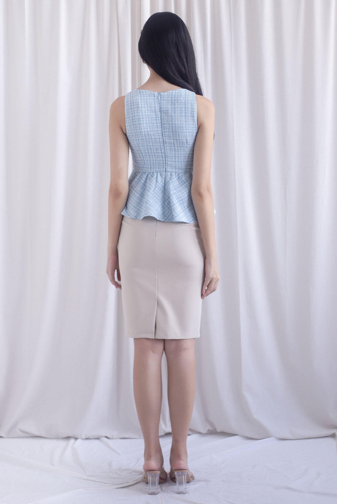 Sanders Tweed Peplum Top In Powder Blue