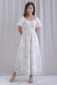 Abundance Embro Floral Puffy Sleeves Bustier Maxi Dress In Blue