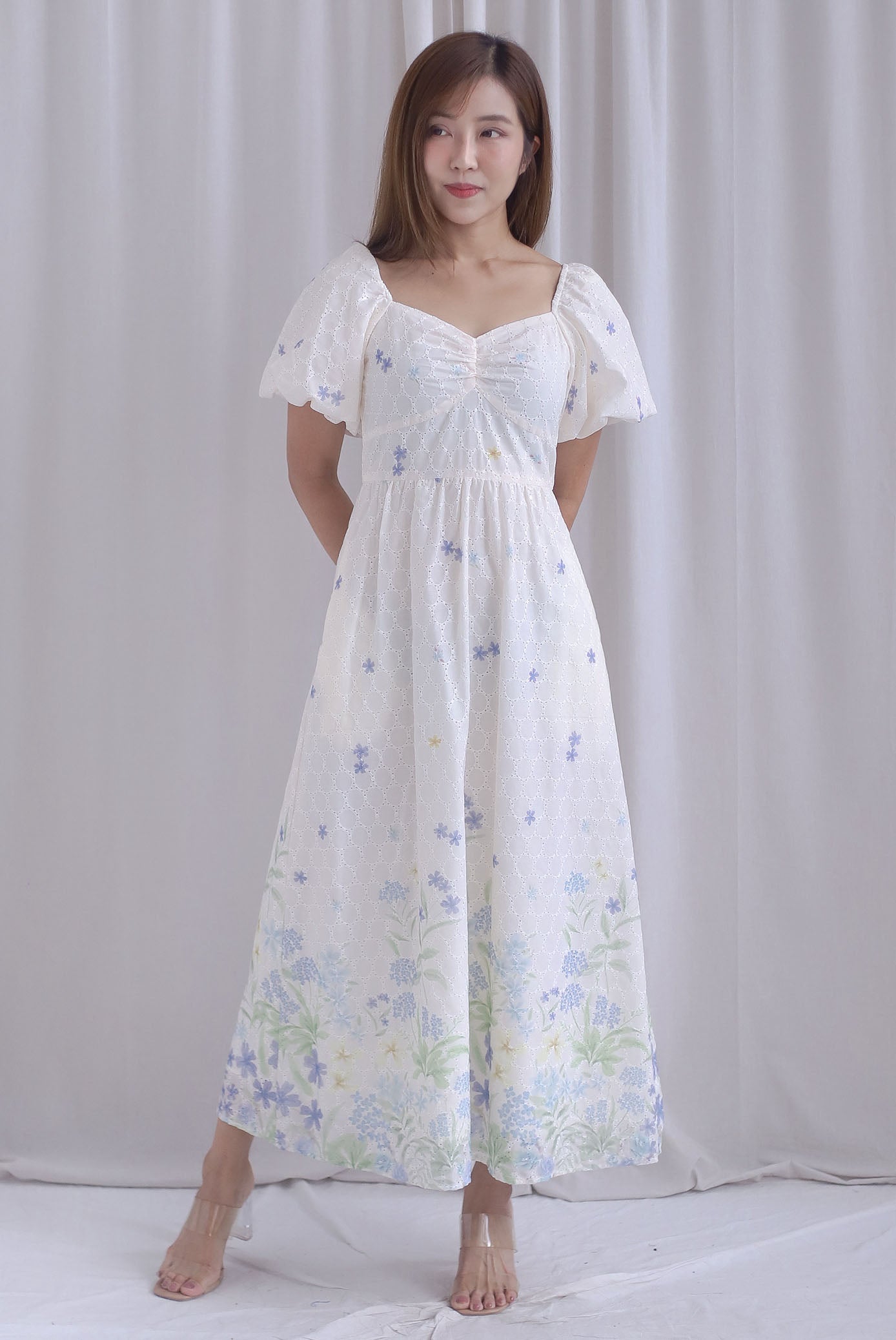 Abundance Embro Floral Puffy Sleeves Bustier Maxi Dress In Blue