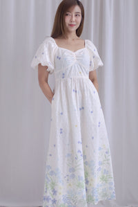 Abundance Embro Floral Puffy Sleeves Bustier Maxi Dress In Blue