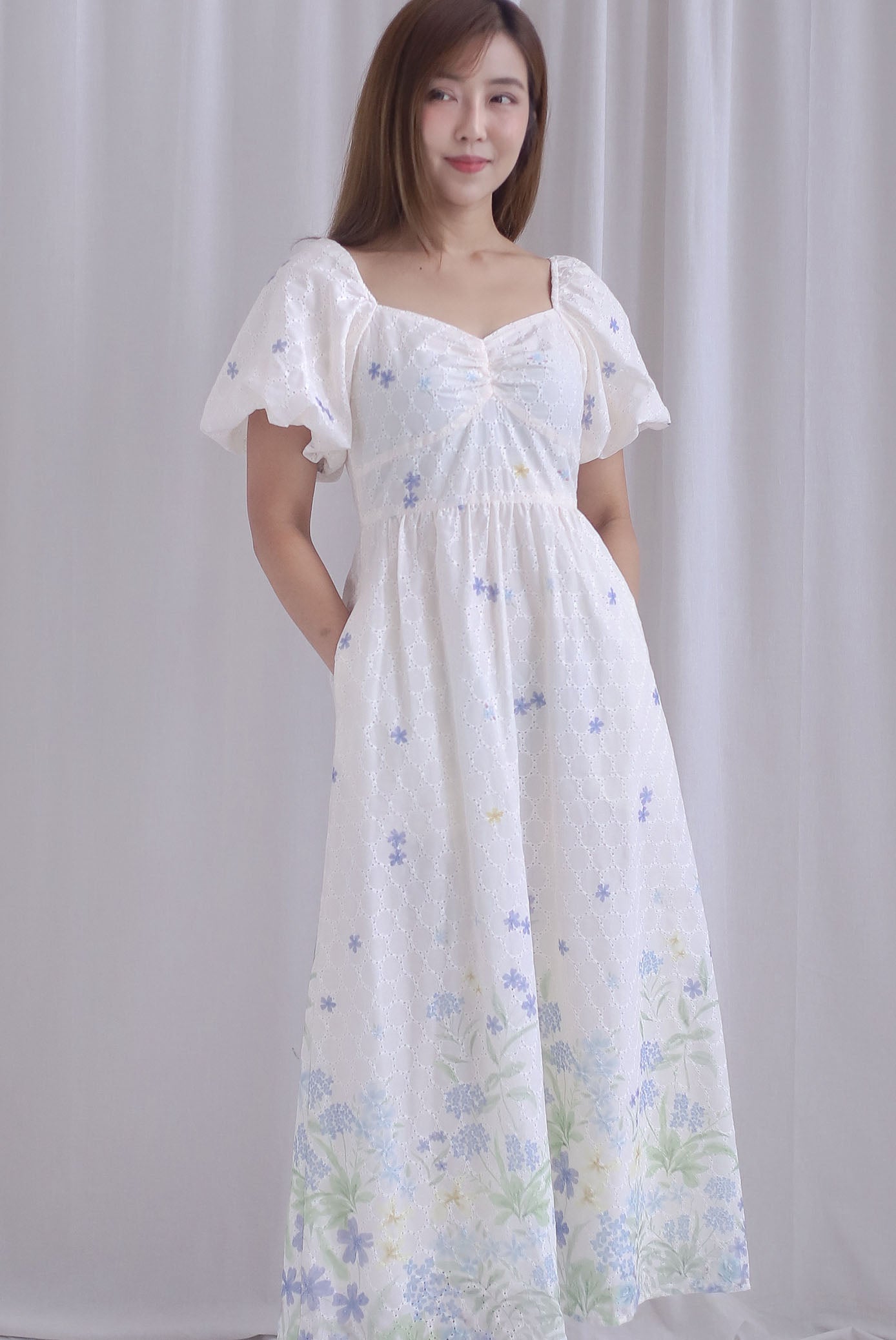 Abundance Embro Floral Puffy Sleeves Bustier Maxi Dress In Blue