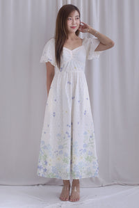 Abundance Embro Floral Puffy Sleeves Bustier Maxi Dress In Blue