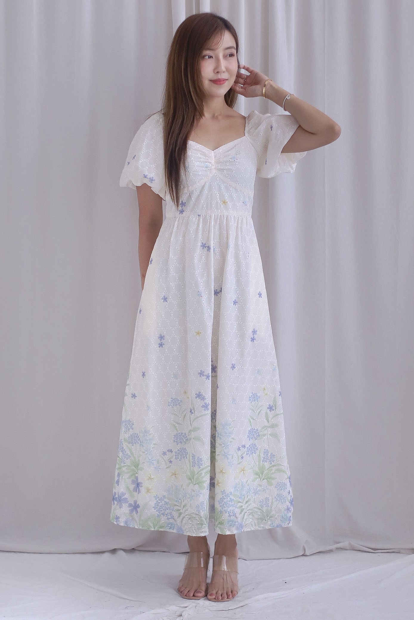 Abundance Embro Floral Puffy Sleeves Bustier Maxi Dress In Blue