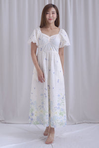 Abundance Embro Floral Puffy Sleeves Bustier Maxi Dress In Blue