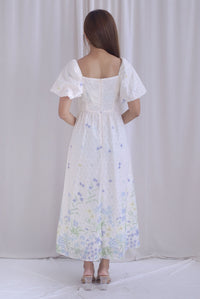 Abundance Embro Floral Puffy Sleeves Bustier Maxi Dress In Blue