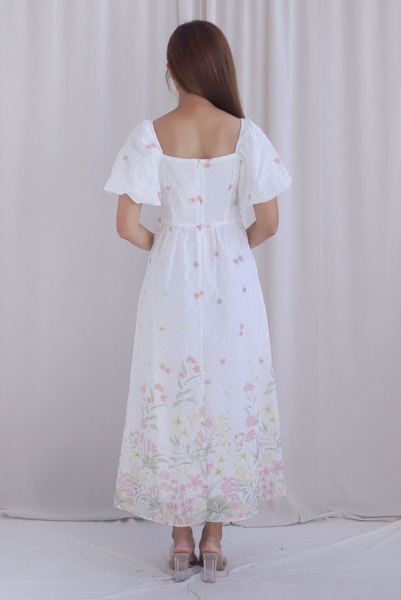 Abundance Embro Floral Puffy Sleeves Bustier Maxi Dress In Pink