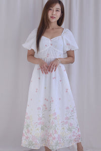 Abundance Embro Floral Puffy Sleeves Bustier Maxi Dress In Pink