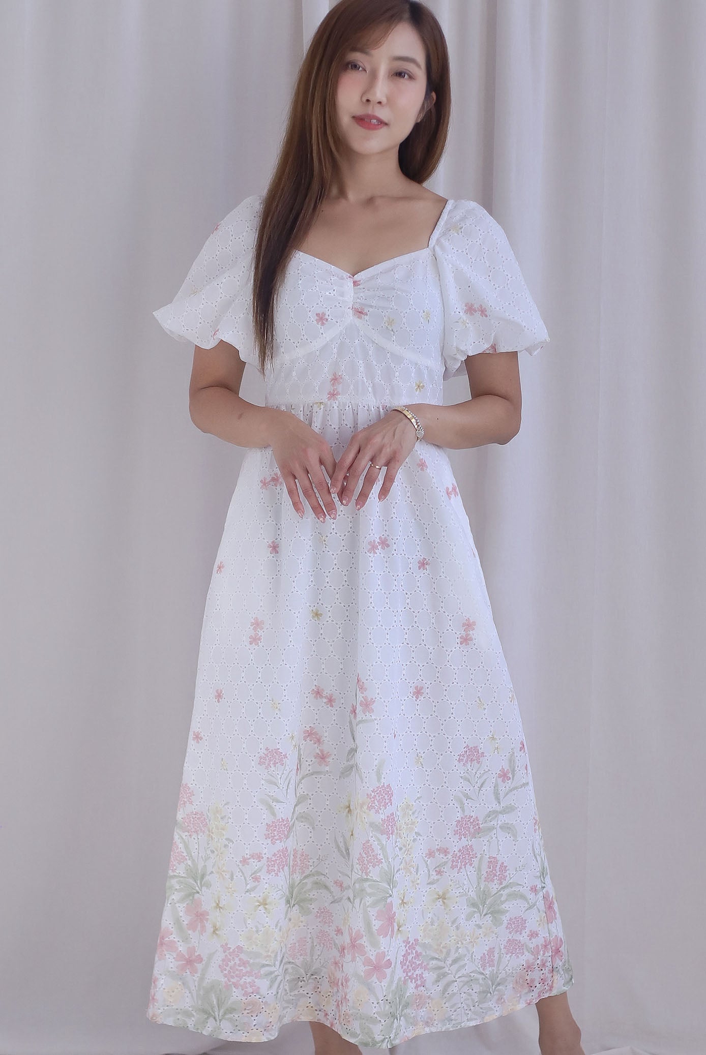 Abundance Embro Floral Puffy Sleeves Bustier Maxi Dress In Pink