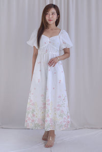 Abundance Embro Floral Puffy Sleeves Bustier Maxi Dress In Pink