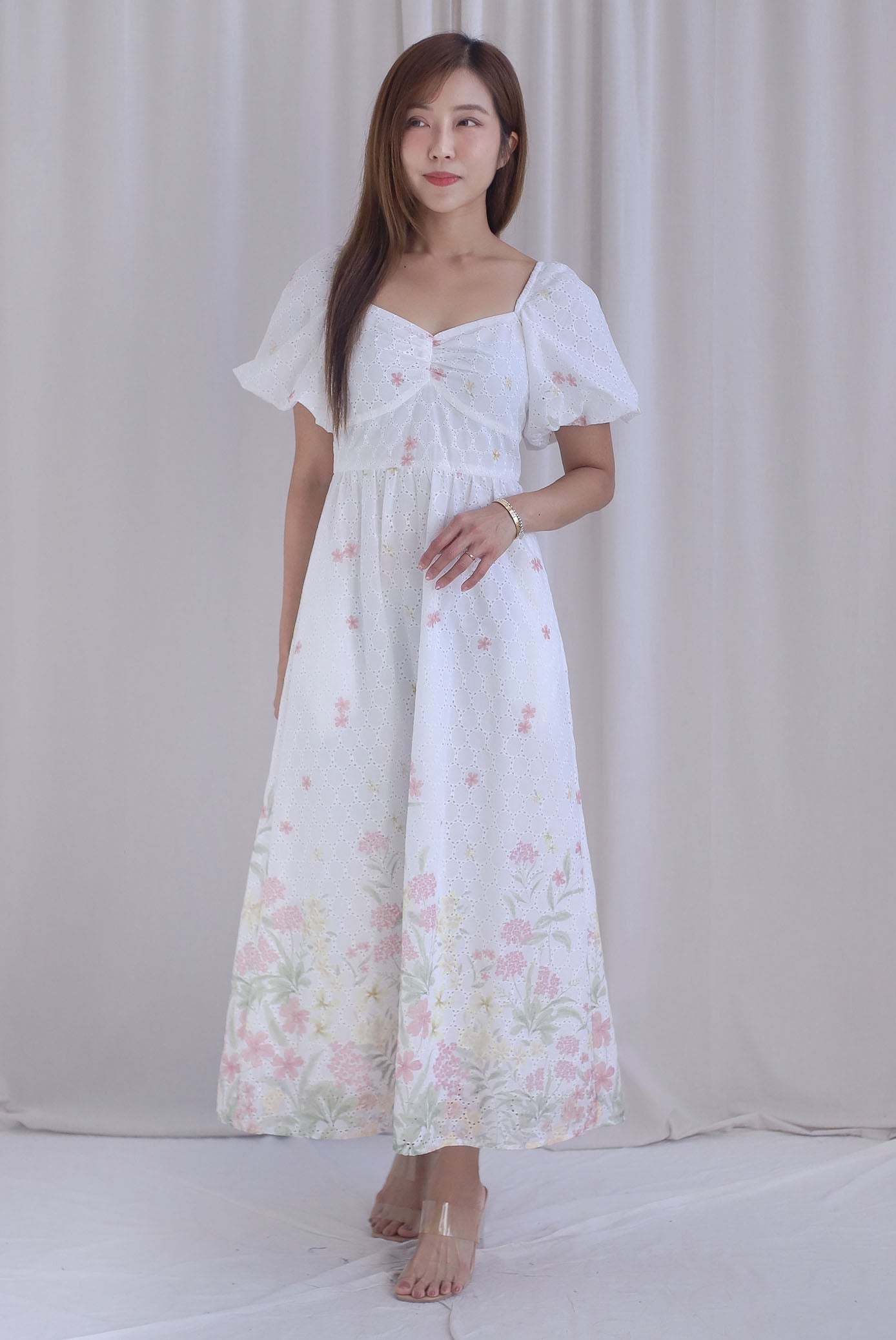 Abundance Embro Floral Puffy Sleeves Bustier Maxi Dress In Pink – The  Design Closets