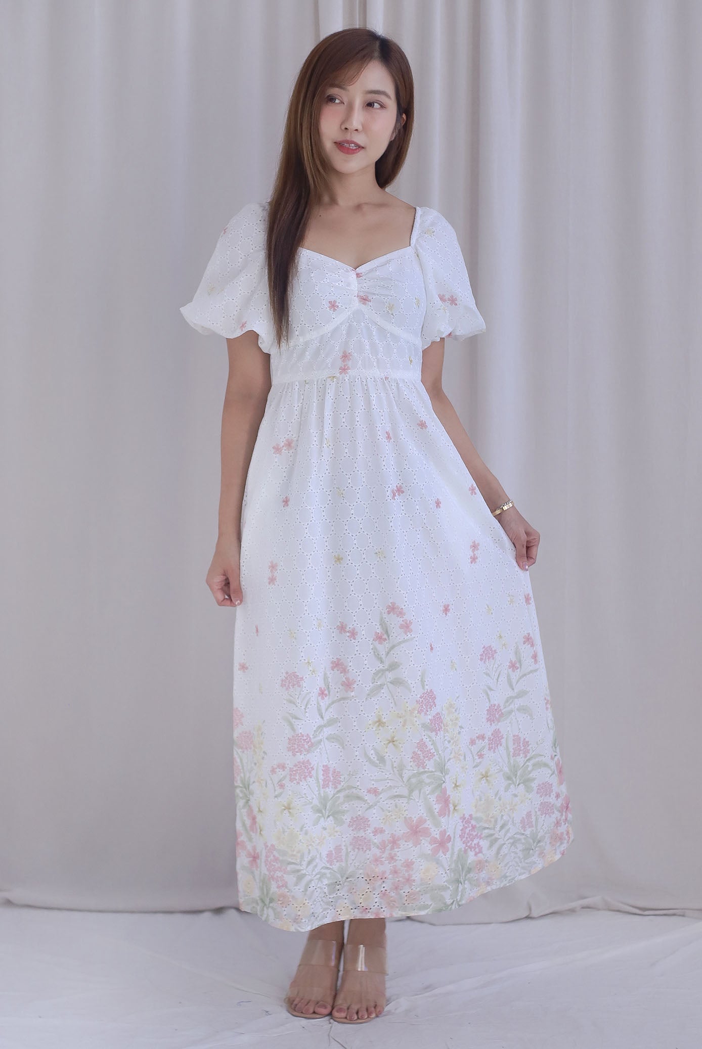 Abundance Embro Floral Puffy Sleeves Bustier Maxi Dress In Pink