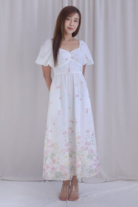 Abundance Embro Floral Puffy Sleeves Bustier Maxi Dress In Pink