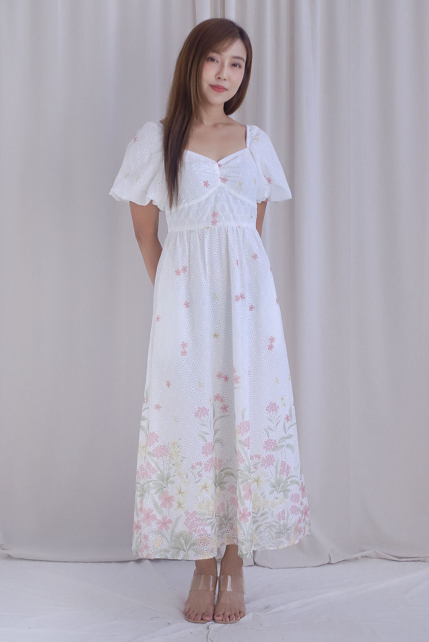 Abundance Embro Floral Puffy Sleeves Bustier Maxi Dress In Pink