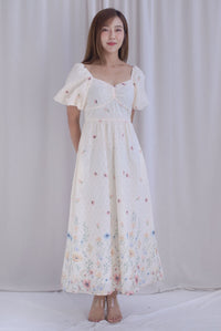 Abundance Embro Floral Puffy Sleeves Bustier Maxi Dress In Yellow/Blue