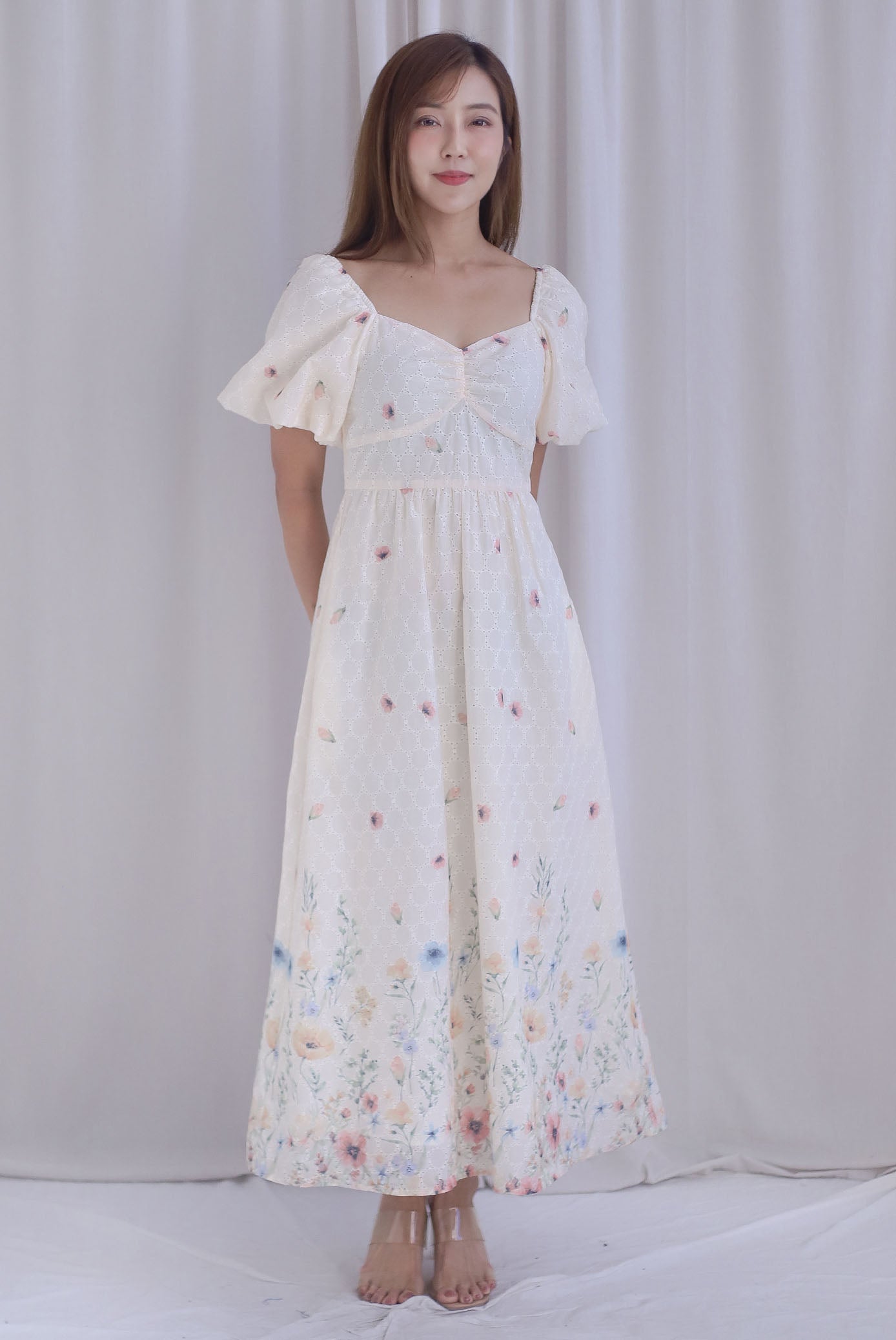 Abundance Embro Floral Puffy Sleeves Bustier Maxi Dress In Yellow/Blue