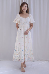 Abundance Embro Floral Puffy Sleeves Bustier Maxi Dress In Yellow/Blue