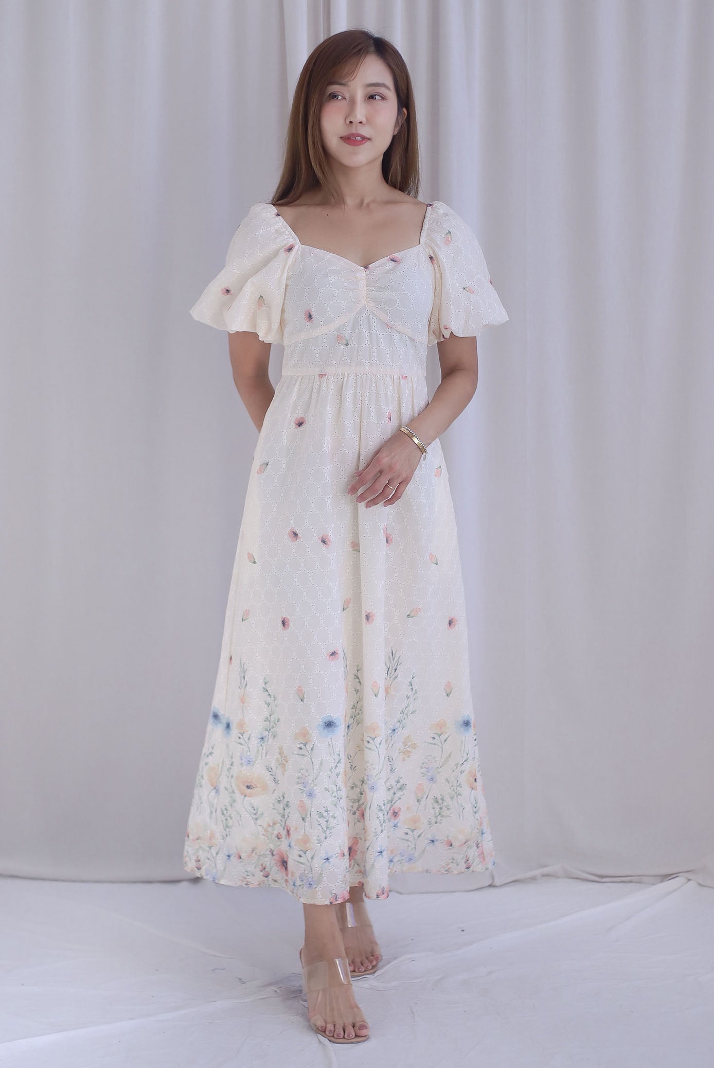 Abundance Embro Floral Puffy Sleeves Bustier Maxi Dress In Yellow/Blue