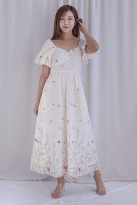 Abundance Embro Floral Puffy Sleeves Bustier Maxi Dress In Yellow/Blue