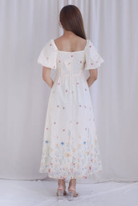 Abundance Embro Floral Puffy Sleeves Bustier Maxi Dress In Yellow/Blue