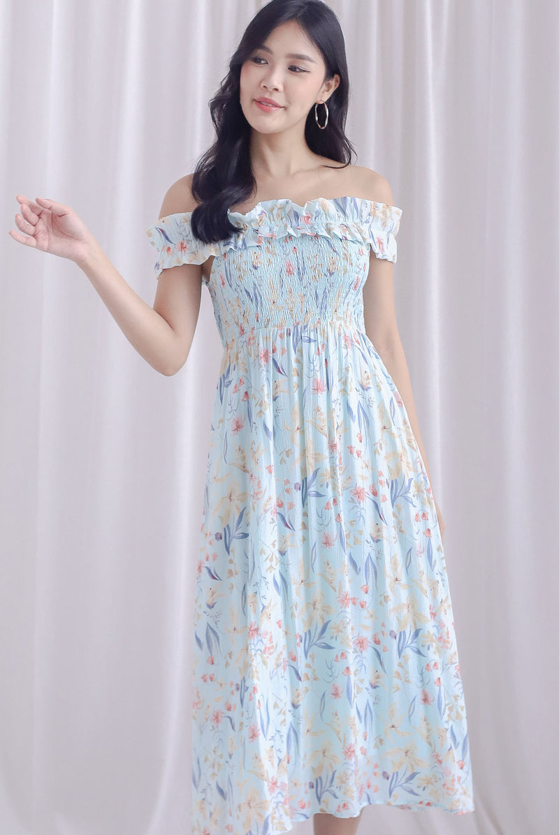 Adelle Frill Off Shoulder Smocked Maxi Dress In Floral