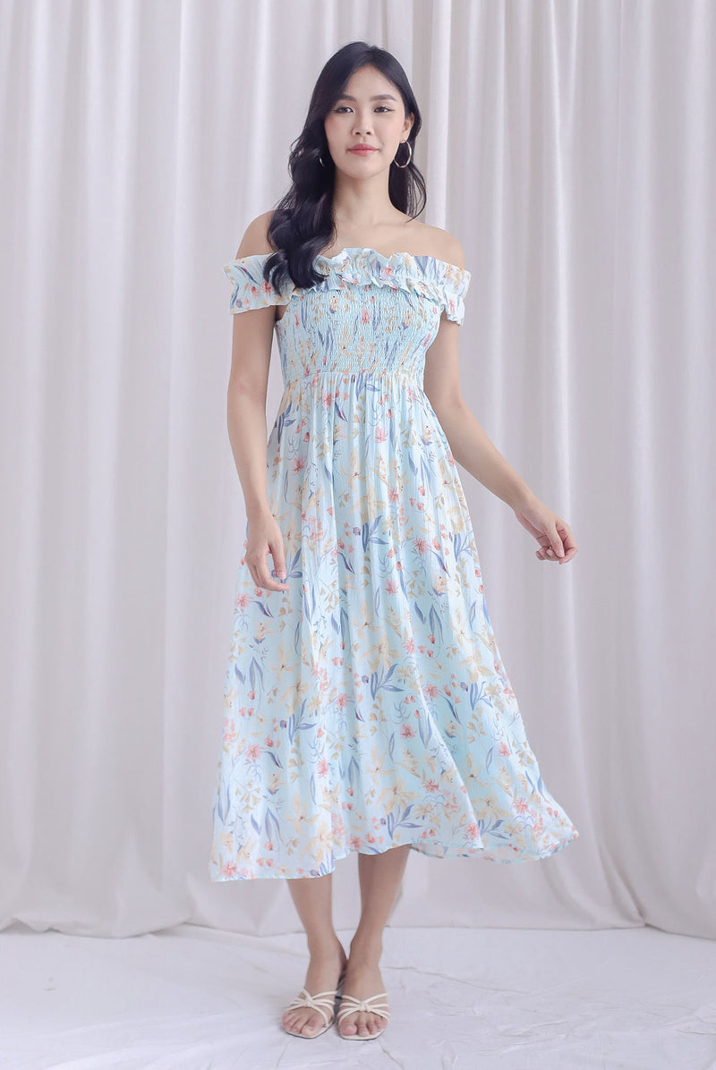 Adelle Frill Off Shoulder Smocked Maxi Dress In Floral