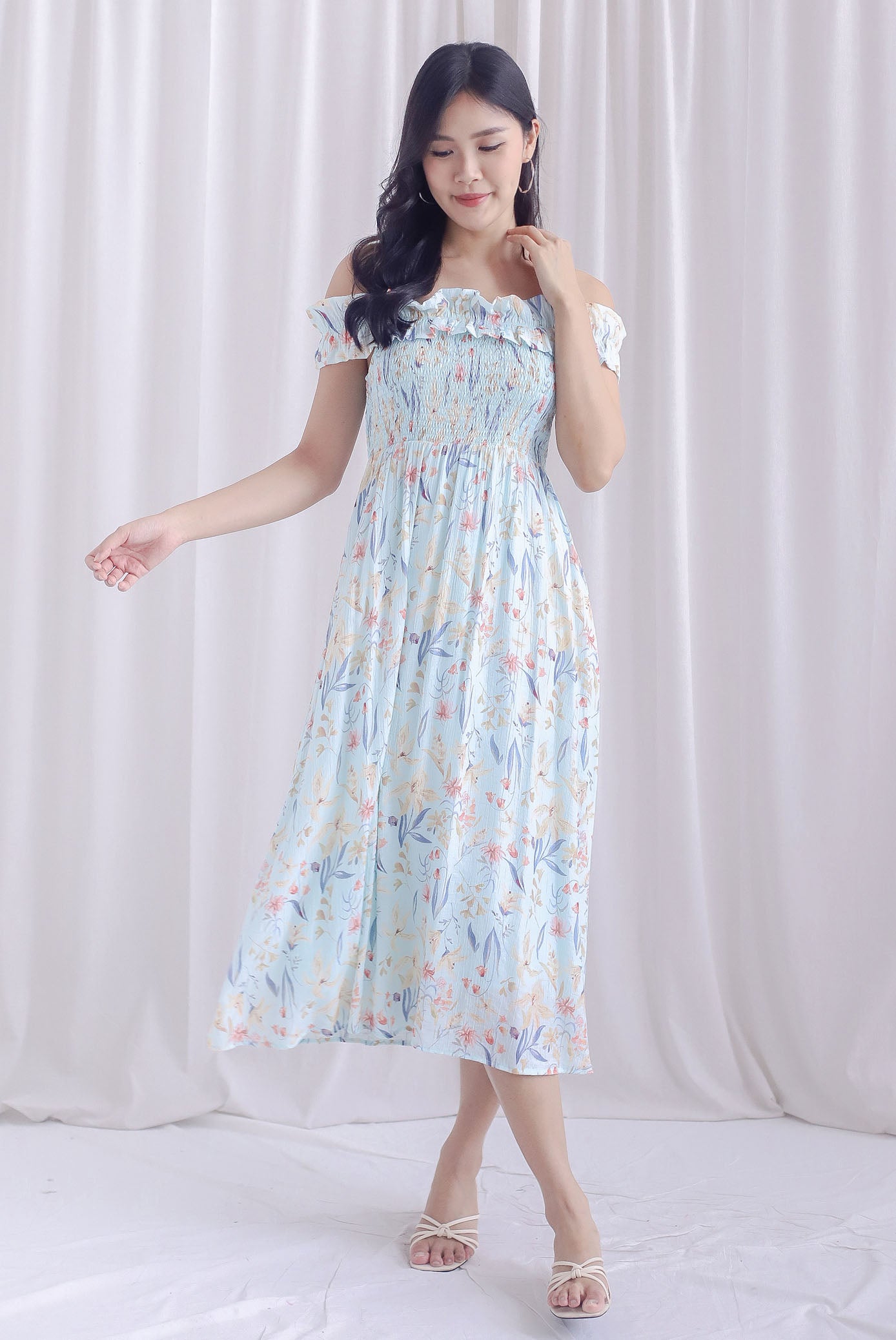 Adelle Frill Off Shoulder Smocked Maxi Dress In Floral – The