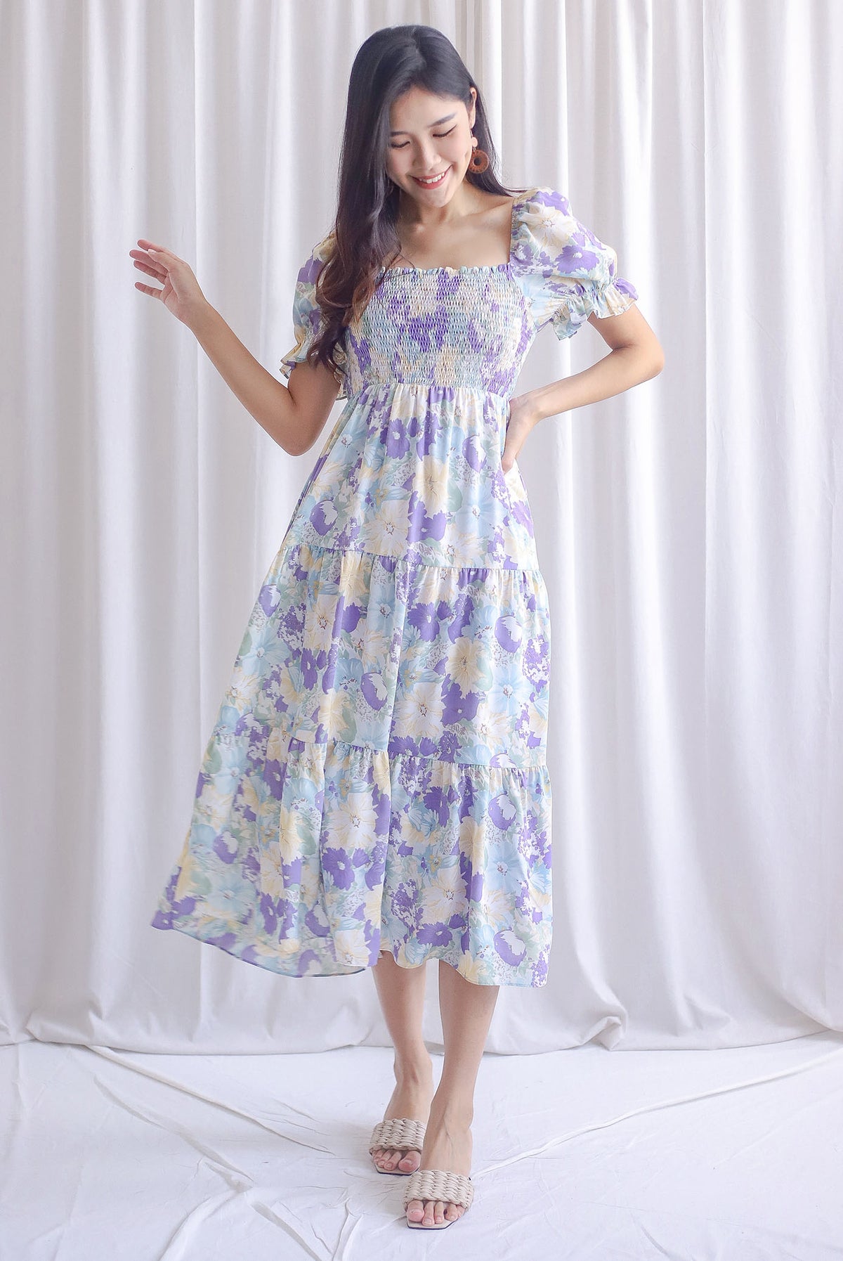 *Backorder* Adyson Floral Puffy Sleeve Smocked Maxi Dress In Lilac