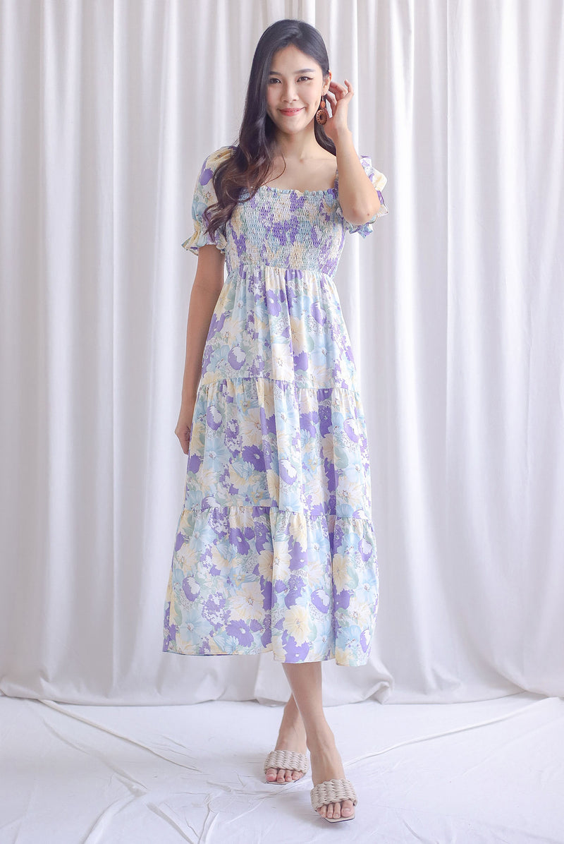 Adyson Floral Puffy Sleeve Smocked Maxi Dress In Lilac