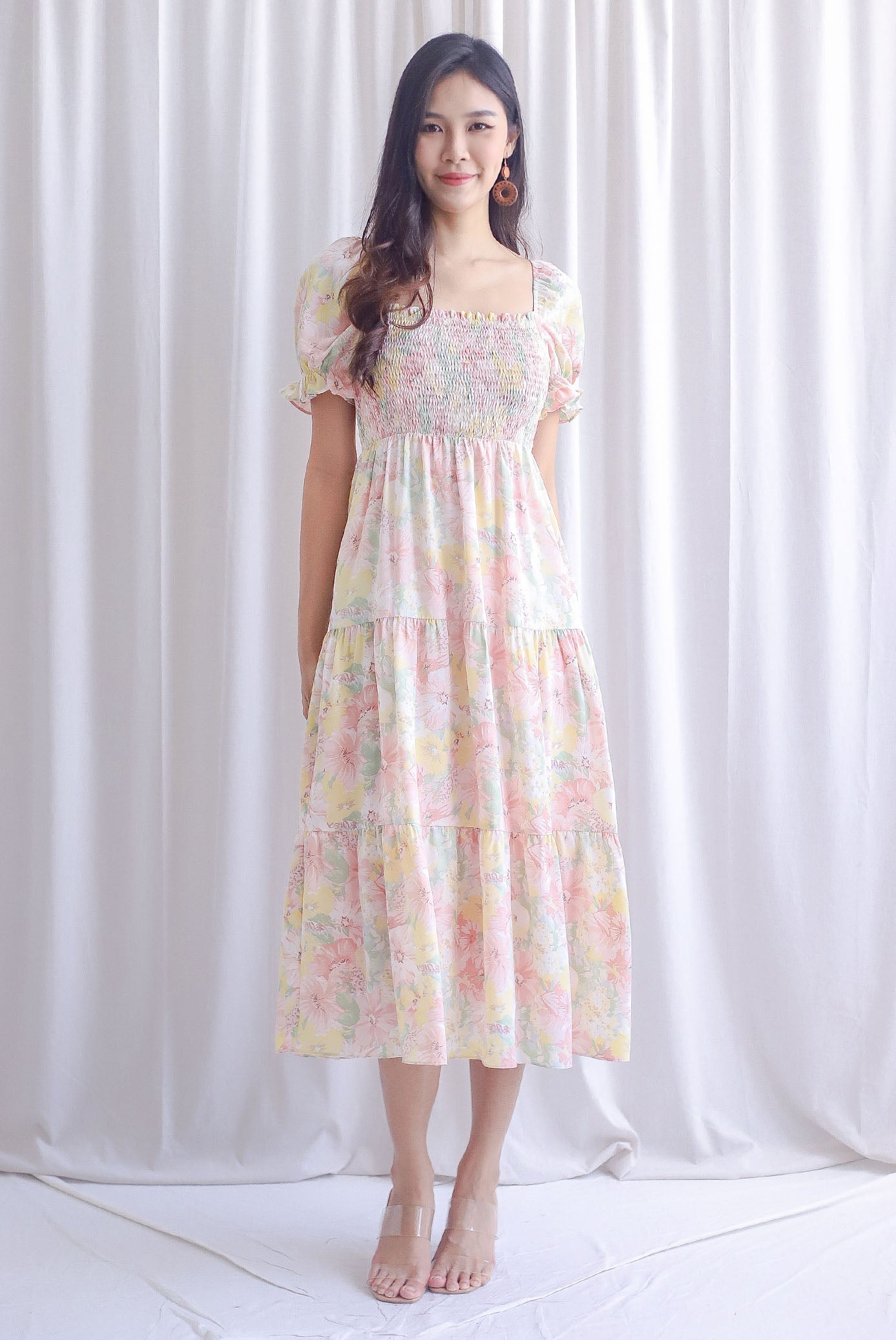 Adyson Floral Puffy Sleeve Smocked Maxi Dress In Sweet Pink