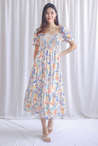 Adyson Floral Puffy Sleeve Smocked Maxi Dress In White