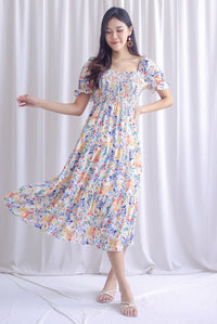 Adyson Floral Puffy Sleeve Smocked Maxi Dress In White