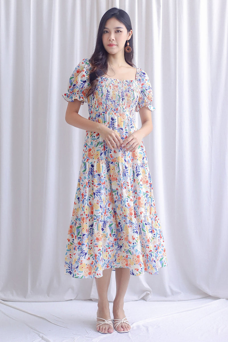 Adyson Floral Puffy Sleeve Smocked Maxi Dress In White