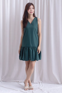 Agnella Balloon Hem Babydoll Dress In Forest Green