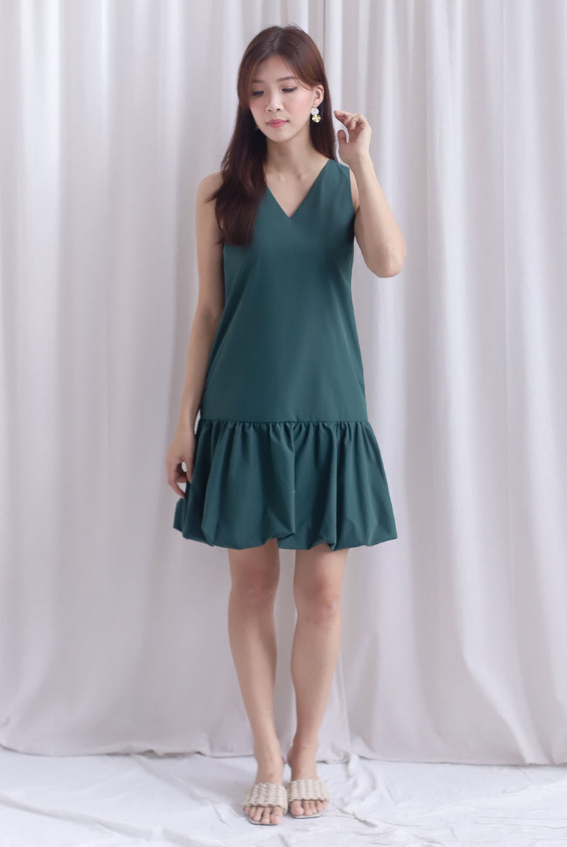 Agnella Balloon Hem Babydoll Dress In Forest Green